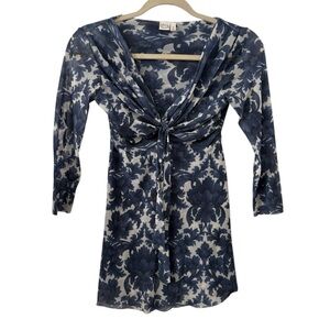 Johnny Heaven Small Y2K Babydoll Tie Front Blue Floral Sheer Top Nylon